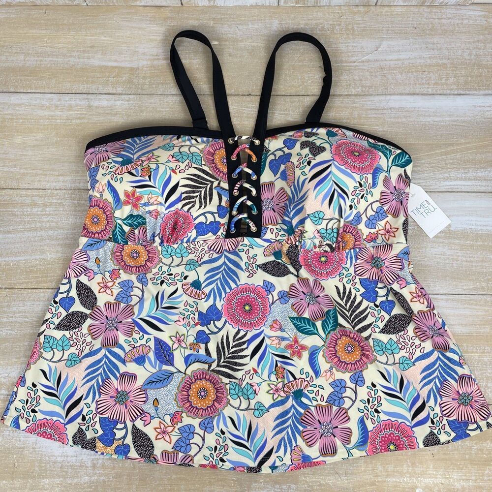 NWT Time and Tru Floral Lace Up Tanking Top Swimsuit Size 2X 20W-22W